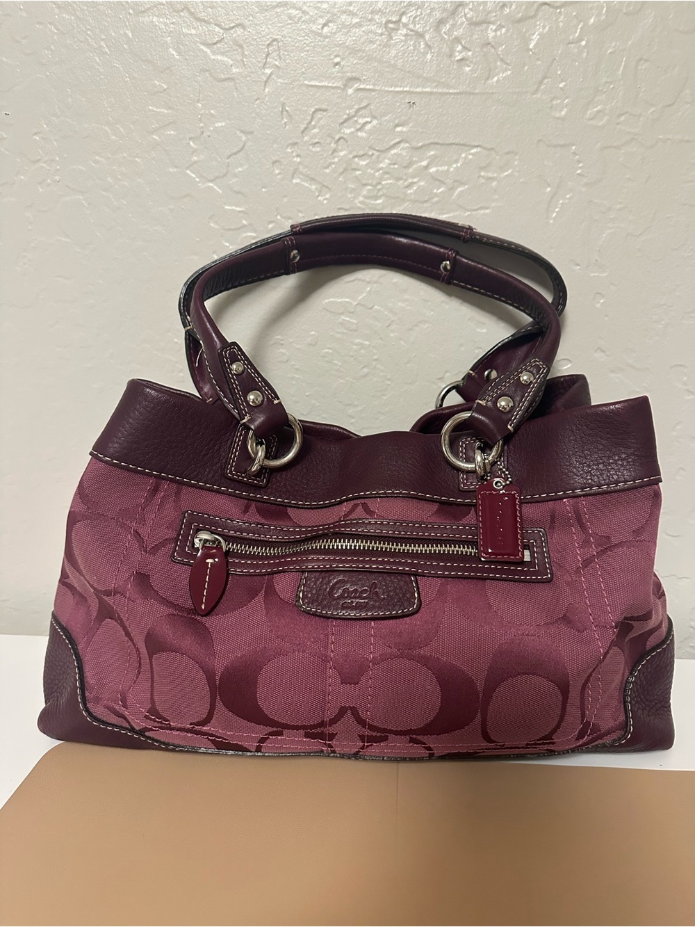 Authentic Coach Plum Signature Jacquard Shoulder Bag with Leather Trim